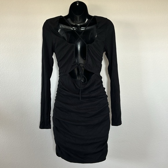 Princess Polly Newton Black Strappy Cutout Back Long Sleeve Ruched Mini Dress - Picture 8 of 13